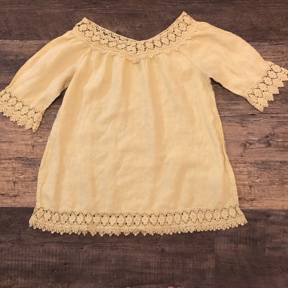 Piazza Roma Womens Tunic Small Yellow Crochet Linen Short Sleeve Top EUC